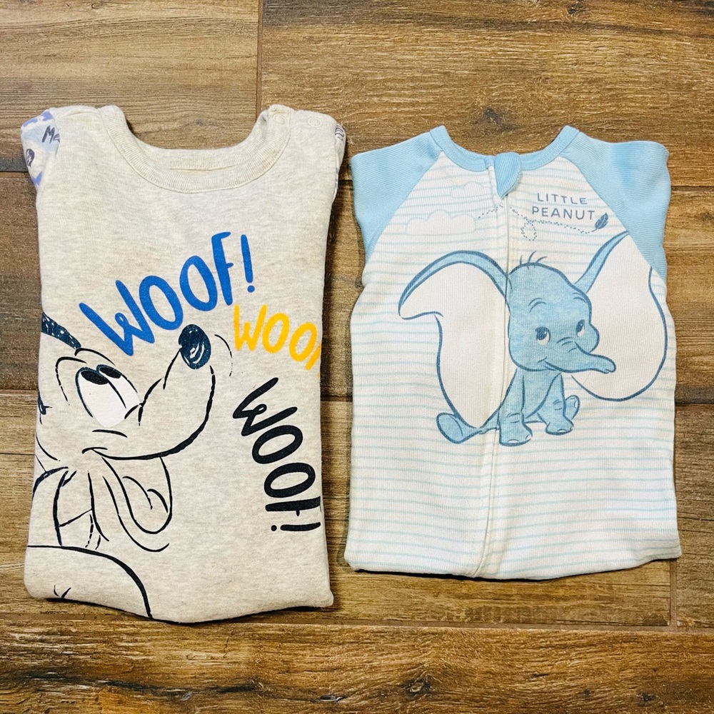 Disney Kids One Pieces Footies Pluto size 12-18 mo Dumbo size 3 mo BUNDLED PAIR